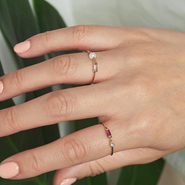Freshwater Pearl Diamond Baguette Ring|14k Gold