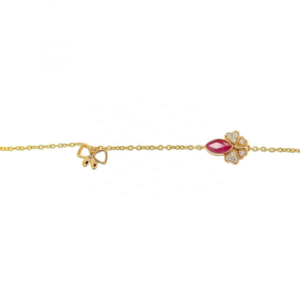 Round Diamond And Marquise Ruby Butterfly Charm 14K Gold Bracelet Fine Jewelry