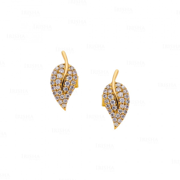 0.28 Ct. Genuine Diamond Leaf Design Handmade Earrings 14K Gold Fine Jewelry
