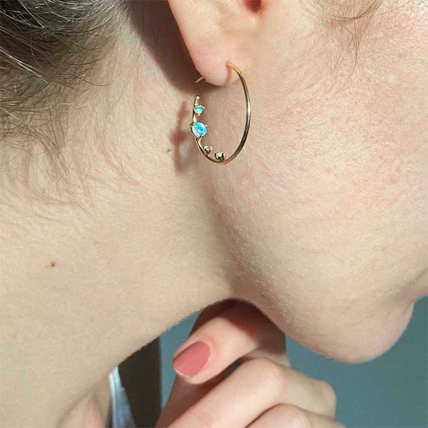 Genuine Diamond And Opal Stone Inverted Hoop Earrings 14K Gold Fine Jewelry