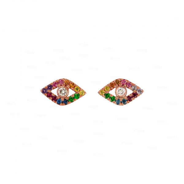 Real Diamond-Multi Sapphire Evil Eye Charm Studs in 14K Gold Size-3 to 8 US
