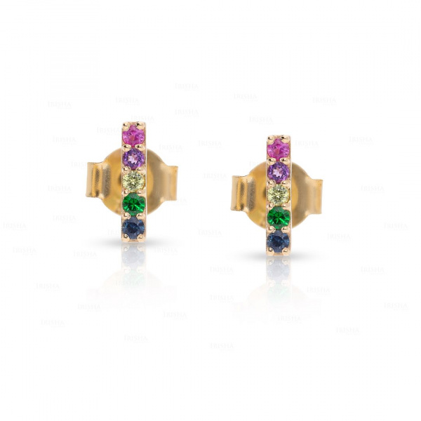 0.12 Ct. Genuine Multi Sapphire Gemstone Rainbow Bar Studs 14K Gold Earrings