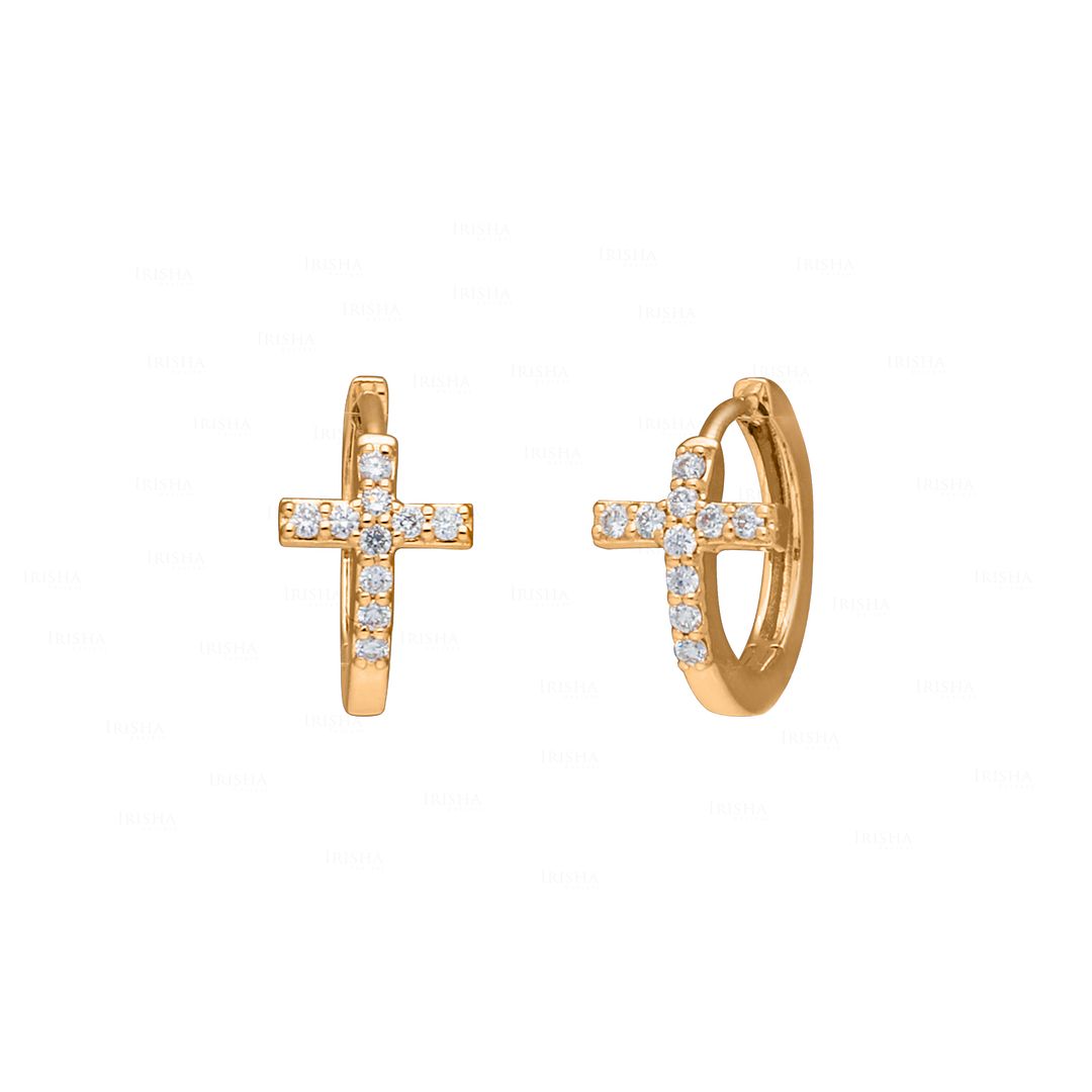 14K Gold 0.18 Ct. Genuine Diamond Cross Hoop Minimalist Earrings Fine Jewelry
