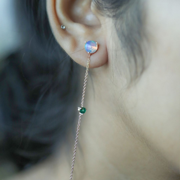 14K Gold Genuine Opal And Emerald Gemstone Long Drop Chain Earrings Fine Jewelry