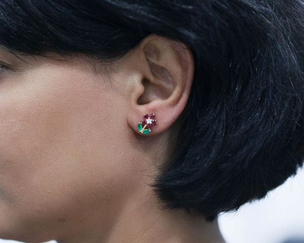 Diamond Ruby And Emerald Gemstone Leaf Floral 14K Gold Earrings Fine Jewelry
