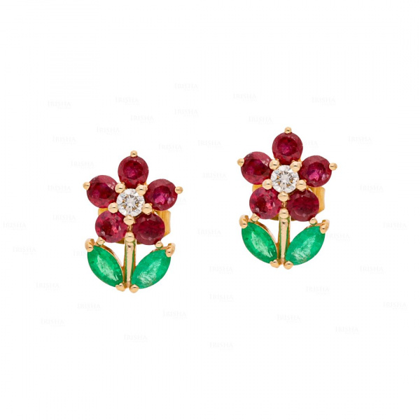 Diamond Ruby And Emerald Gemstone Leaf Floral 14K Gold Earrings Fine Jewelry