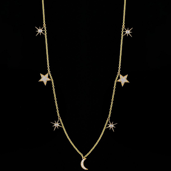 14K Gold 0.38Ct. Genuine Diamond Star Moon Starburst Charm Necklace Fine Jewelry