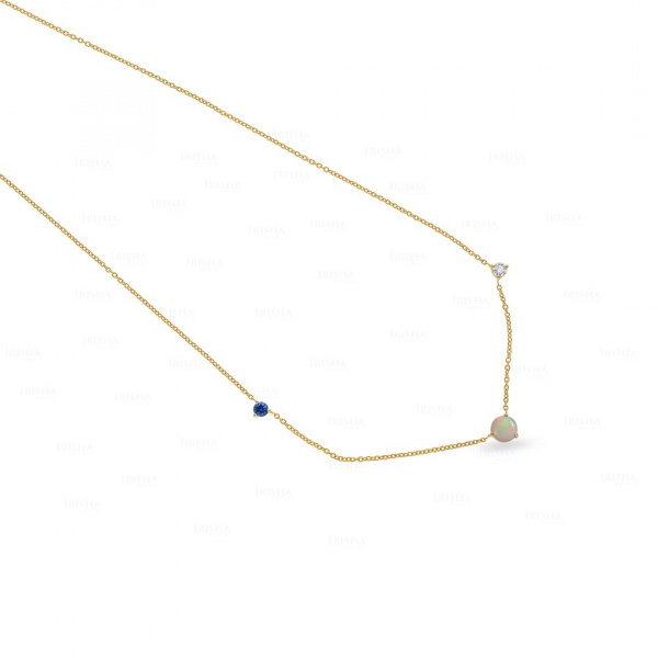 0.08Ct. VS Diamond Blue Sapphire-Opal Stone Necklace in 14k Gold Fine Jewelry