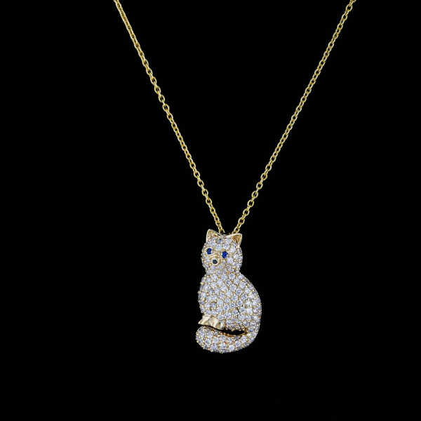 Genuine White-Black Diamond Cat Pendant Necklace 14K Gold Gift For Pet Lover