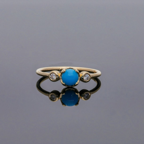 14K Gold Birthday Gift Genuine Earthmined Diamond And Turquoise Gemstone Ring