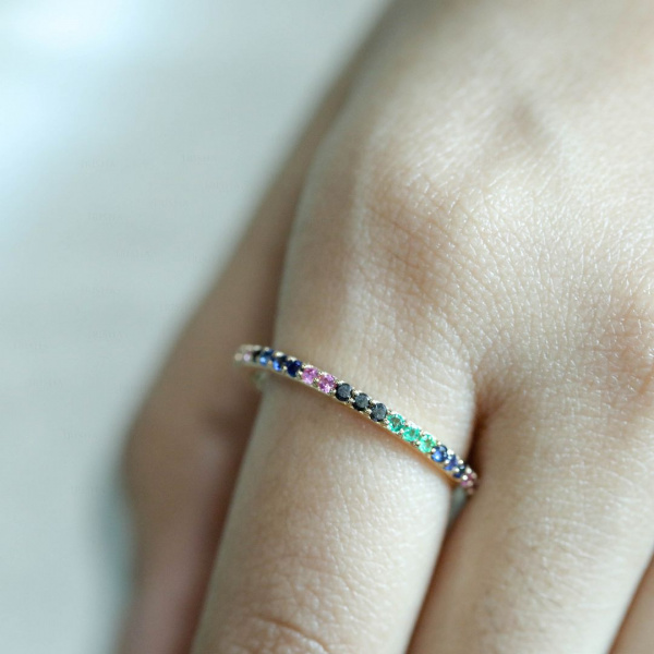 Black Diamond And Multi Sapphire Gemstone Eternity 14K Gold Ring Fine Jewelry