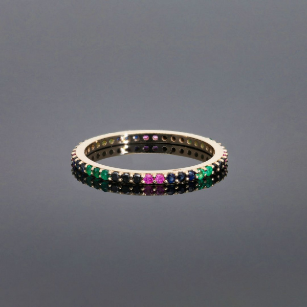 Black Diamond And Multi Sapphire Gemstone Eternity 14K Gold Ring Fine Jewelry