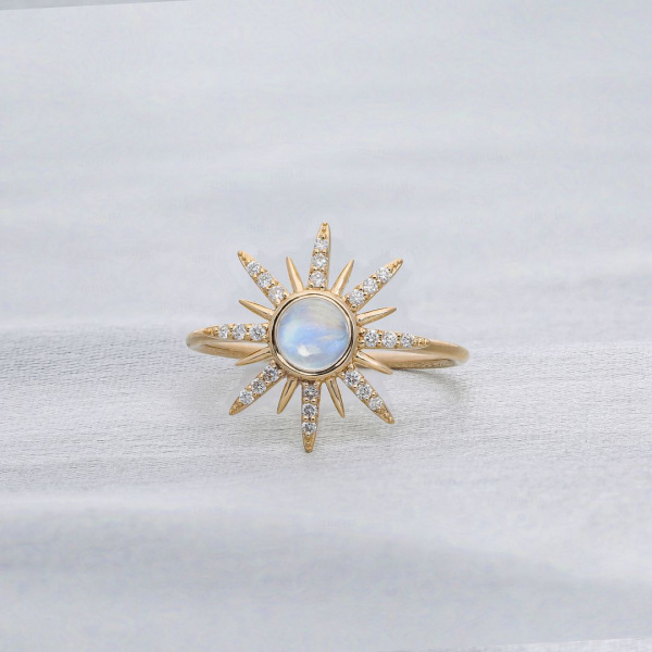 Real Diamond-Rainbow Moonstone Rising Sun Design Ring in 14K Gold Fine Jewelry