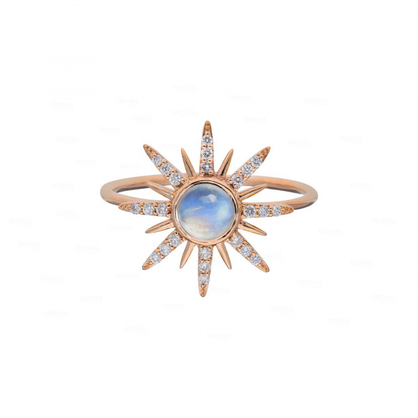 Real Diamond-Rainbow Moonstone Rising Sun Design Ring in 14K Gold Fine Jewelry