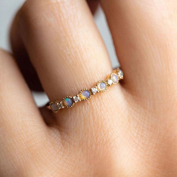 14K Gold Genuine Diamond And Opal Gemstone Engagement Ring Fine Jewelry
