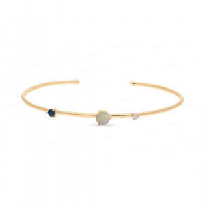 September October Birthstone Opal Blue Sapphire 14K Gold Diamond Bangle Bracelet