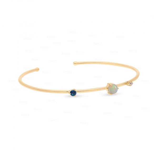 September October Birthstone Opal Blue Sapphire 14K Gold Diamond Bangle Bracelet