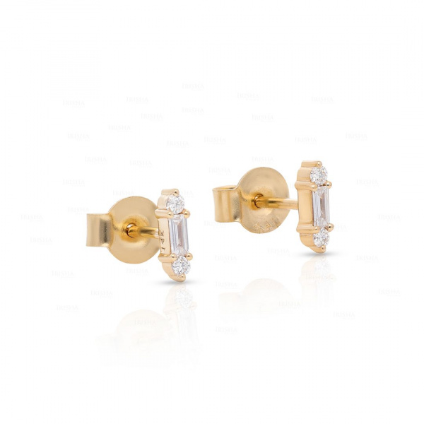 14K Gold 0.14 Ct. Genuine Round And Baguette Diamond Minimal Stud Fine Earrings