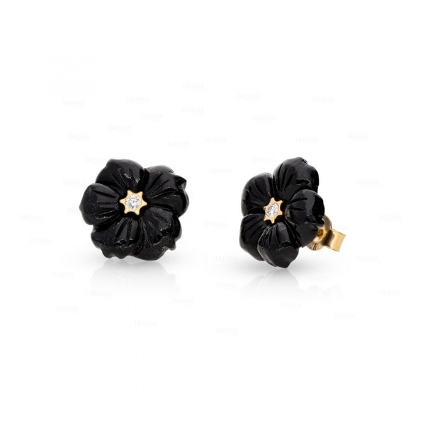 Genuine Diamond And Black Onyx Gemstone Floral Jacket 14K Gold Earrings