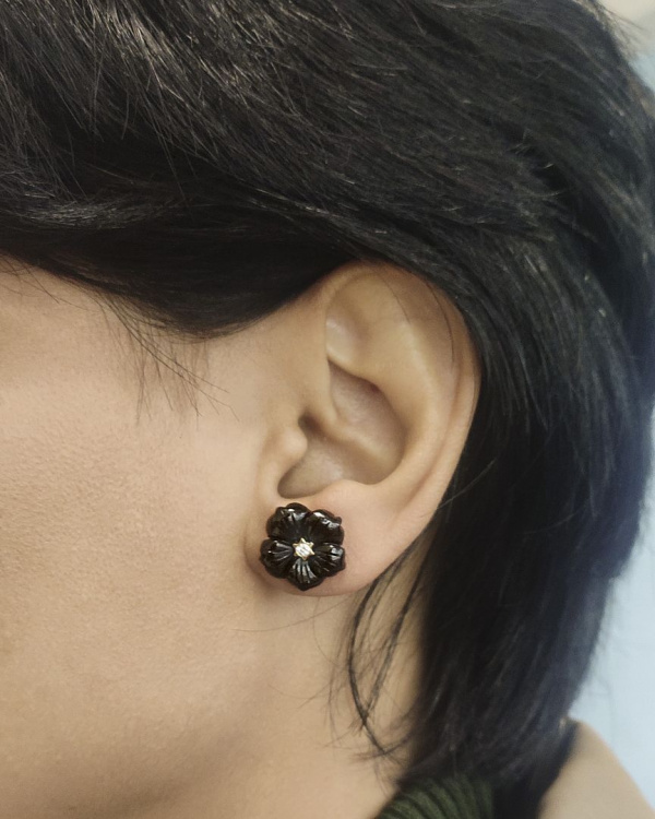 Genuine Diamond And Black Onyx Gemstone Floral Jacket 14K Gold Earrings