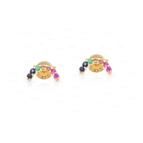 Genuine Multi Sapphire Pave Set Half Moon Rainbow 14k Yellow Gold Earrings