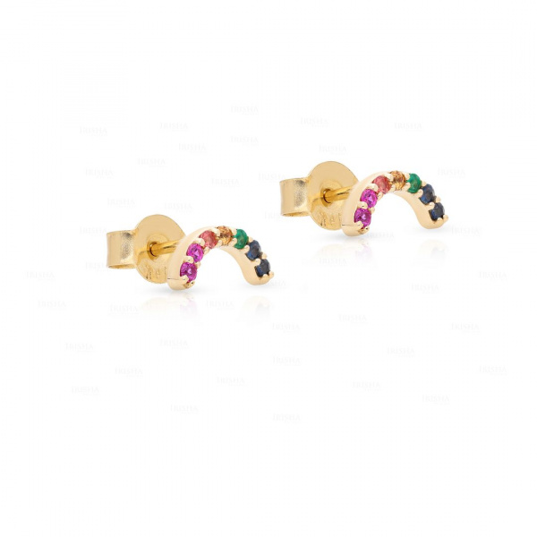 Genuine Multi Sapphire Pave Set Half Moon Rainbow 14k Yellow Gold Earrings