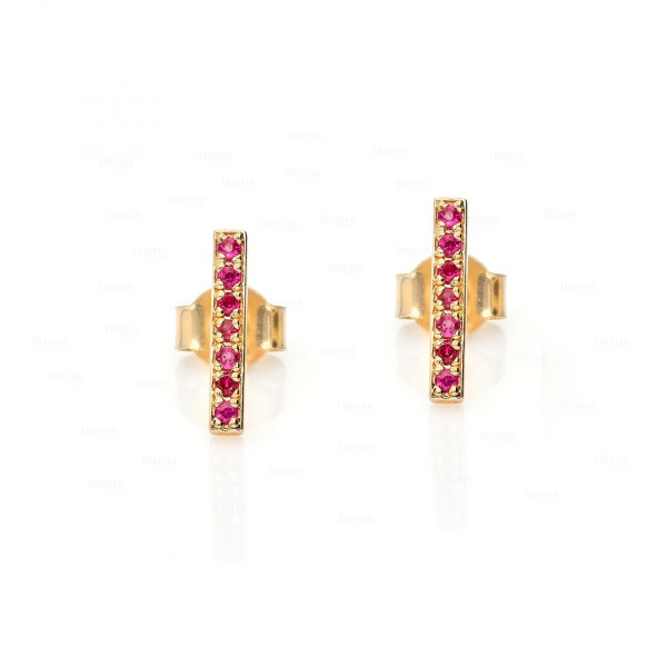 0.15 Ct. Genuine Ruby Gemstone Tiny Bar Studs In 14K Gold Fine Jewelry