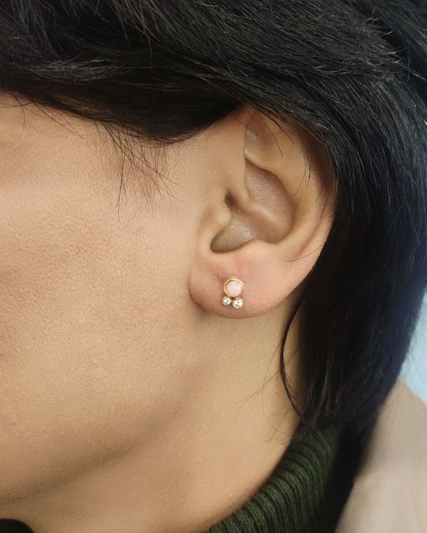 0.10Ct. VS DIamond Opal Tri Stone Stud-Earrings in 14k Gold Fine Jewelry
