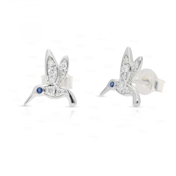 VS Diamond And Blue Sapphire Hummingbird Design Studs Earrings in 14k Gold