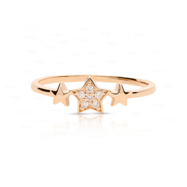 Genuine Diamond Three Star Design Ring Celestial 14K Solid Gold Fine Jewelry