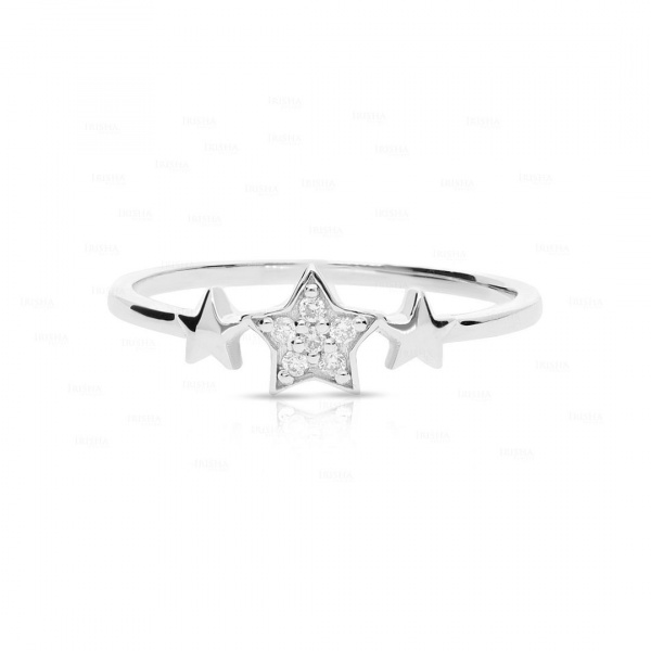 Genuine Diamond Three Star Design Ring Celestial 14K Solid Gold Fine Jewelry