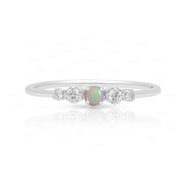 14K Gold Genuine Diamond And Opal Gemstone Minimalist Ring Fine Jewelry