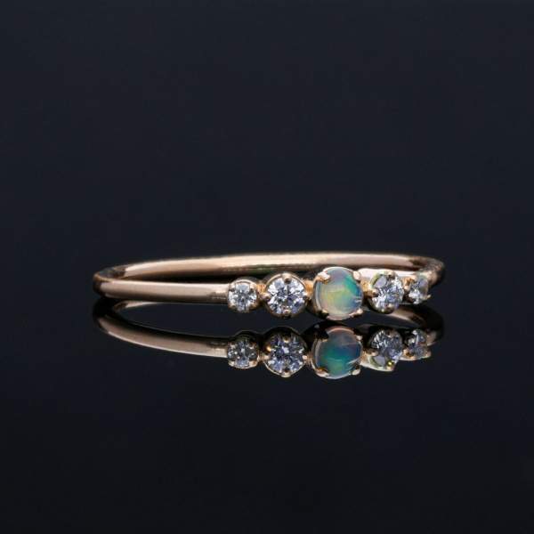 14K Gold Genuine Diamond And Opal Gemstone Minimalist Ring Fine Jewelry