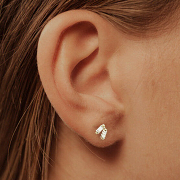 0.16Ct. Genuine Diamond Baguette Shape Tiny Stud-Earrings in 14k Gold