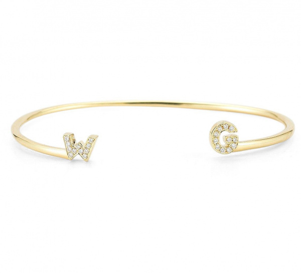 14K Gold 0.10 Ct. Genuine Diamond A To Z Initial Handmade Cuff Bangle Bracelet