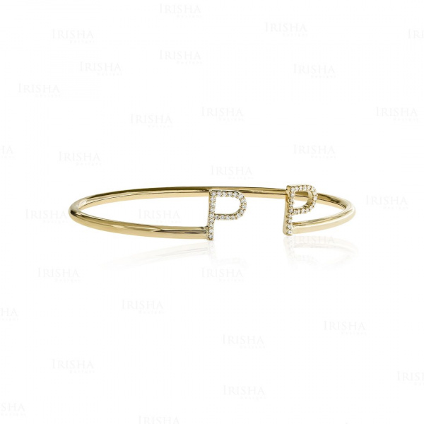14K Gold 0.10 Ct. Genuine Diamond A To Z Initial Handmade Cuff Bangle Bracelet