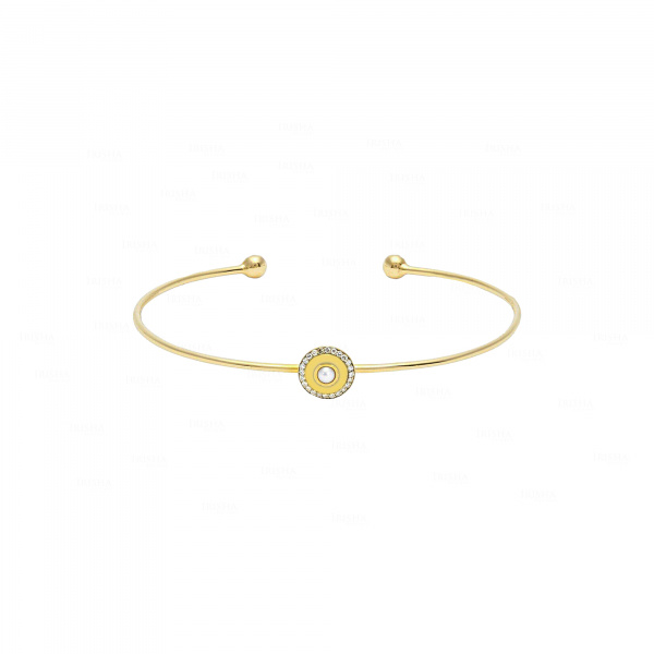 14K Gold Genuine Diamond And Freshwater Pearl Circle Charm Cuff Bangle Bracelet