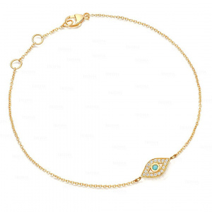 Real Diamond And Turquoise Gemstone Evil Eye Charm 14K Gold Fine Bracelet
