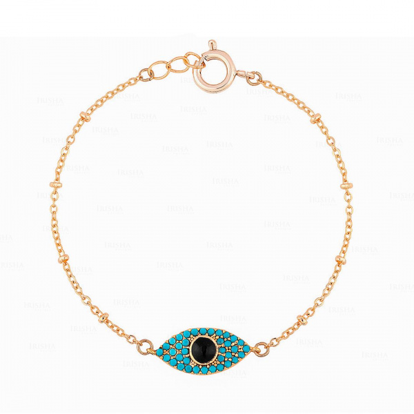 14K Gold Genuine Black Diamond And Turquoise Gemstone Evil Eye Charm Bracelet