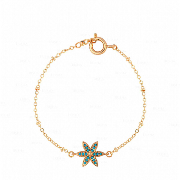 14K Gold 0.35 Ct. Genuine Turquoise Gemstone Floral Charm Bracelet Fine Jewelry