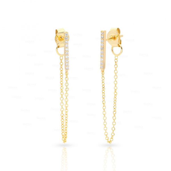 14K Gold 0.10 Ct. Genuine Diamond 35 mm Long Bar Chain Earrings Fine Jewelry