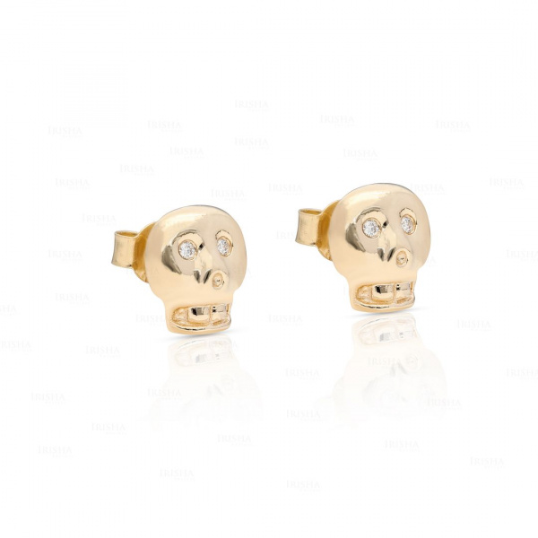 14K Gold 0.04 Ct. Genuine Diamond Skull Stud Earrings Halloween Fine Jewelry