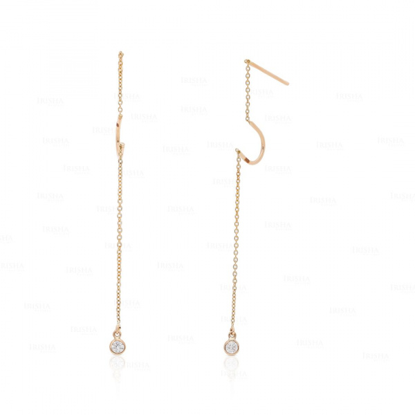Genuine Diamond Single Bezel Link Chain Threader 14K Gold Earrings Fine Jewelry
