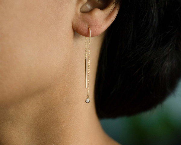 Genuine Diamond Single Bezel Link Chain Threader 14K Gold Earrings Fine Jewelry