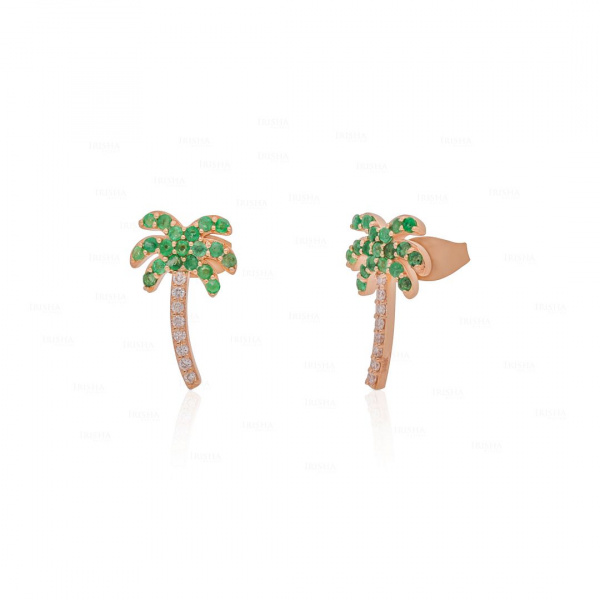 0.09Ct. VS Diamond Emerald May Stone Palm Tree Design Stud-Earrings in 14k Gold