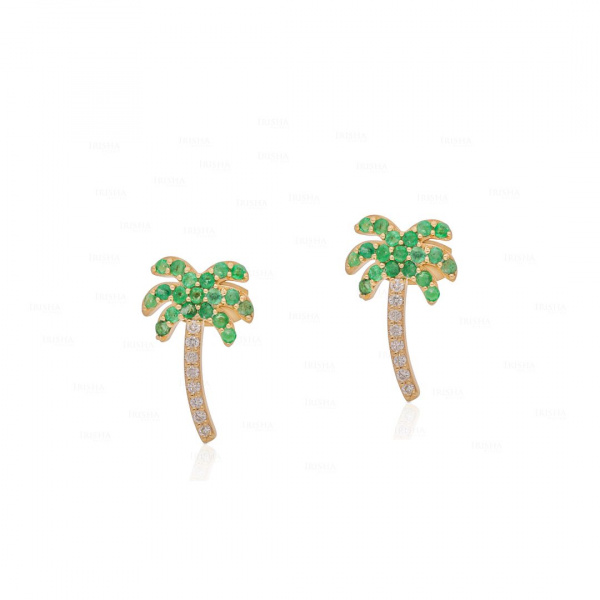 0.09Ct. VS Diamond Emerald May Stone Palm Tree Design Stud-Earrings in 14k Gold