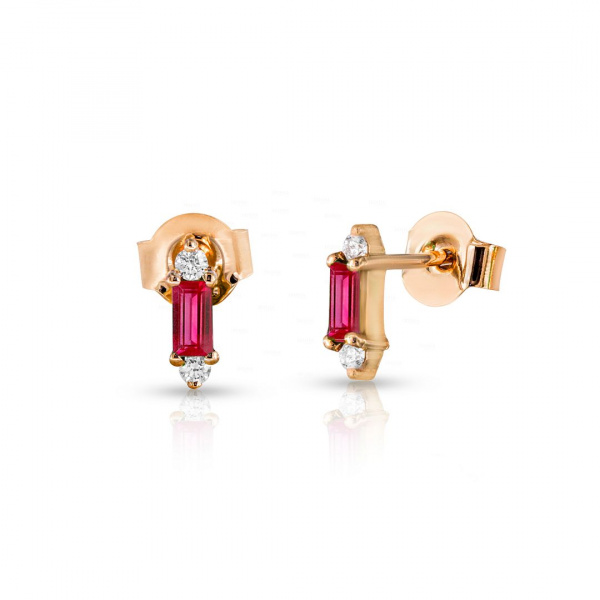 Diamond And Baguette Ruby Gemstone Minimalist Studs 14K Gold Fine Jewelry