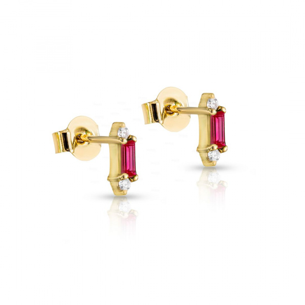 Diamond And Baguette Ruby Gemstone Minimalist Studs 14K Gold Fine Jewelry
