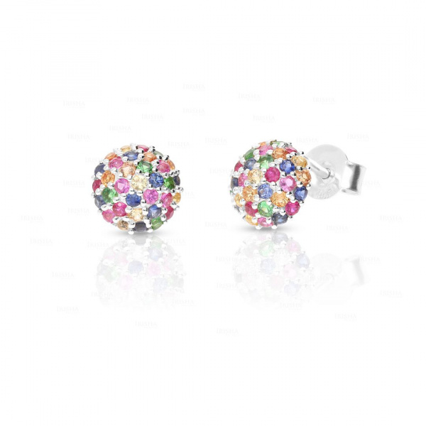 1.00Ct. Genuine Diamond Multi Sapphire Stone Half Ball Design 14k Gold Earring