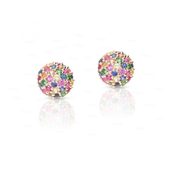 1.00Ct. Genuine Diamond Multi Sapphire Stone Half Ball Design 14k Gold Earring